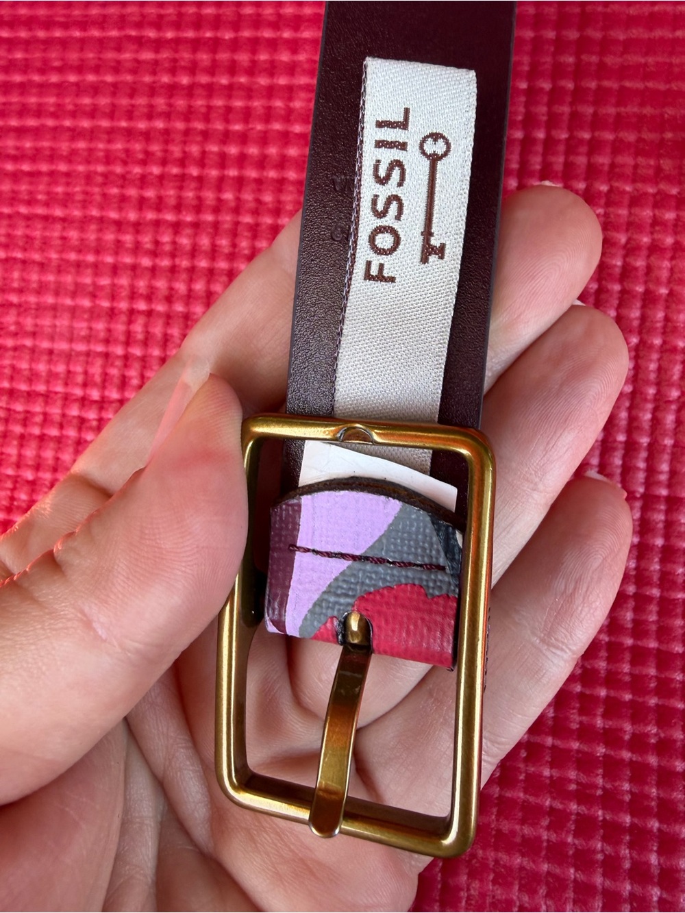 Fossil Floral Leather Belt with Brass-Tone Buckle - Pink size medium women - Picture 3 of 4